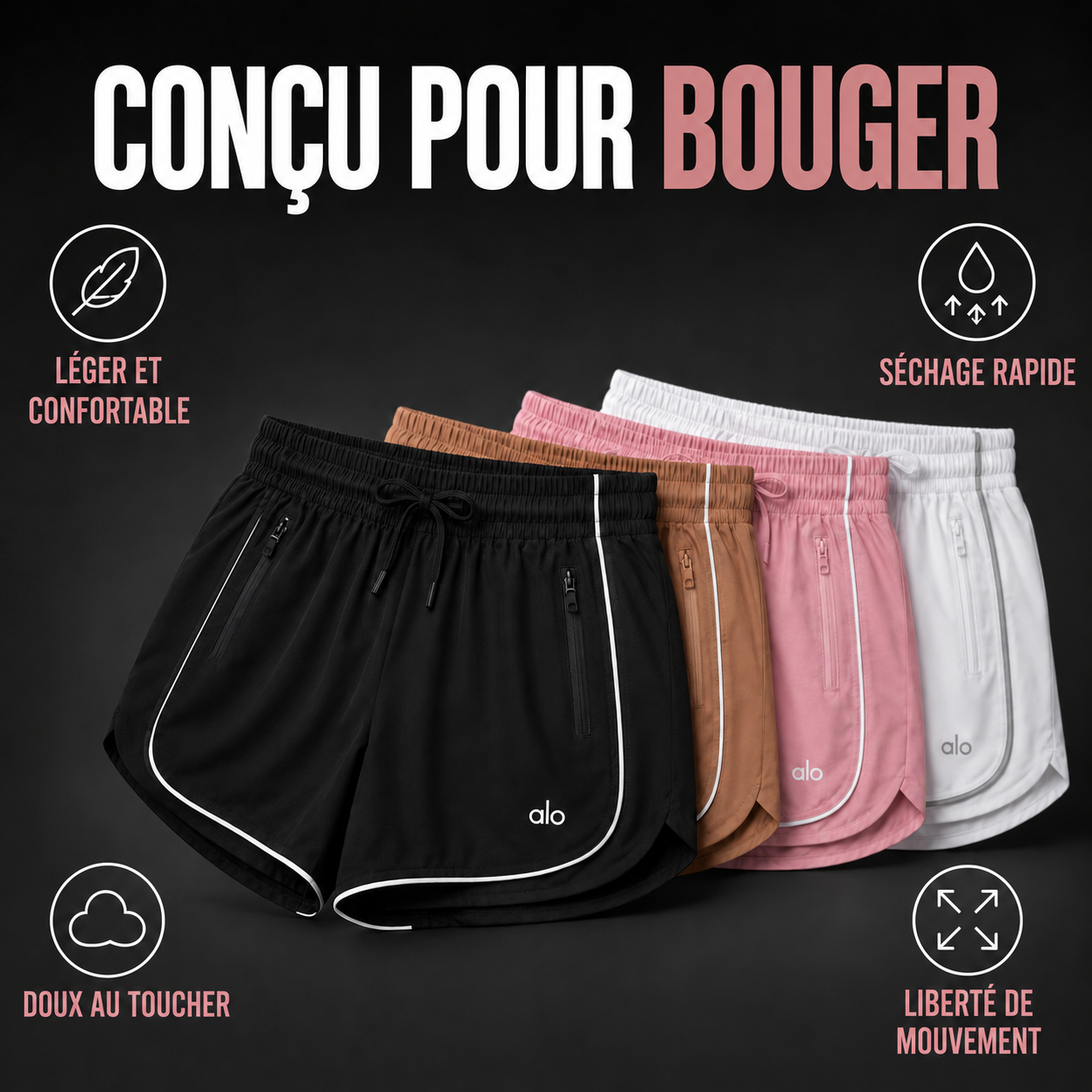 Quatre couleurs de shorts conçus pour bouger